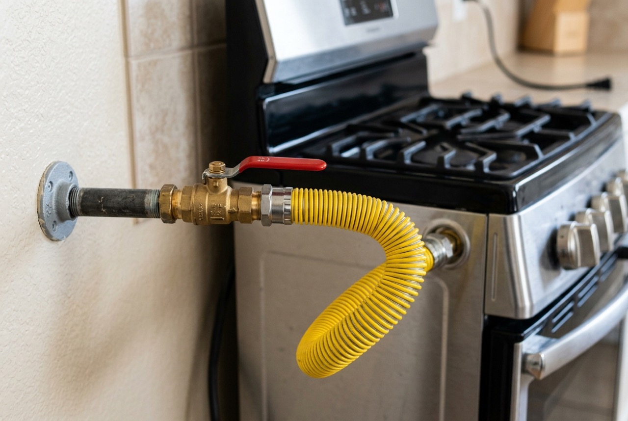 Flexible stainless gas appliance connector and quarter-turn brass shutoff valve
