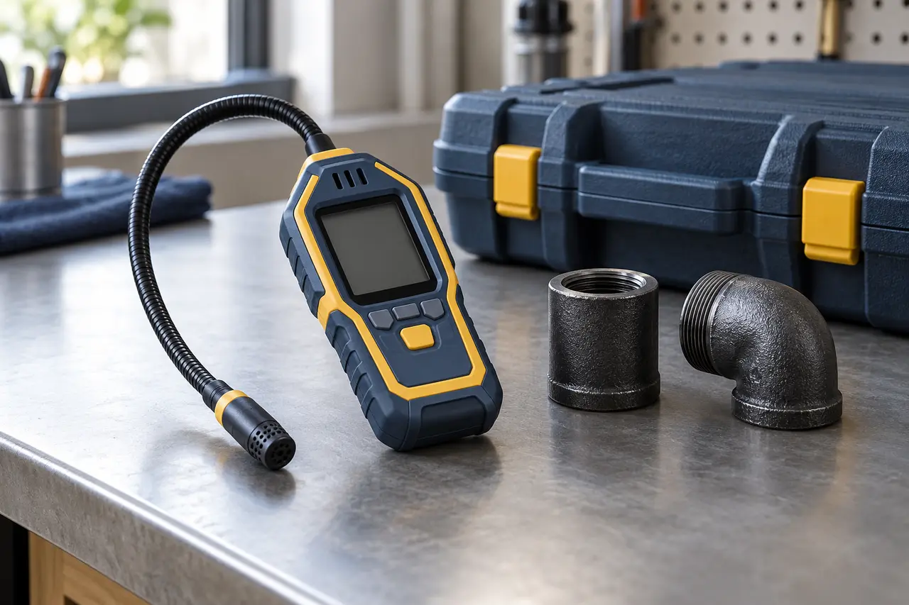 Gas safety technician reviewing manifold pressure gauges and digital instruments